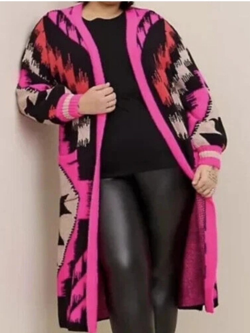 Torrid Sz 1 Hot Pink Black Red Patterned Open-Front Long Cardigan